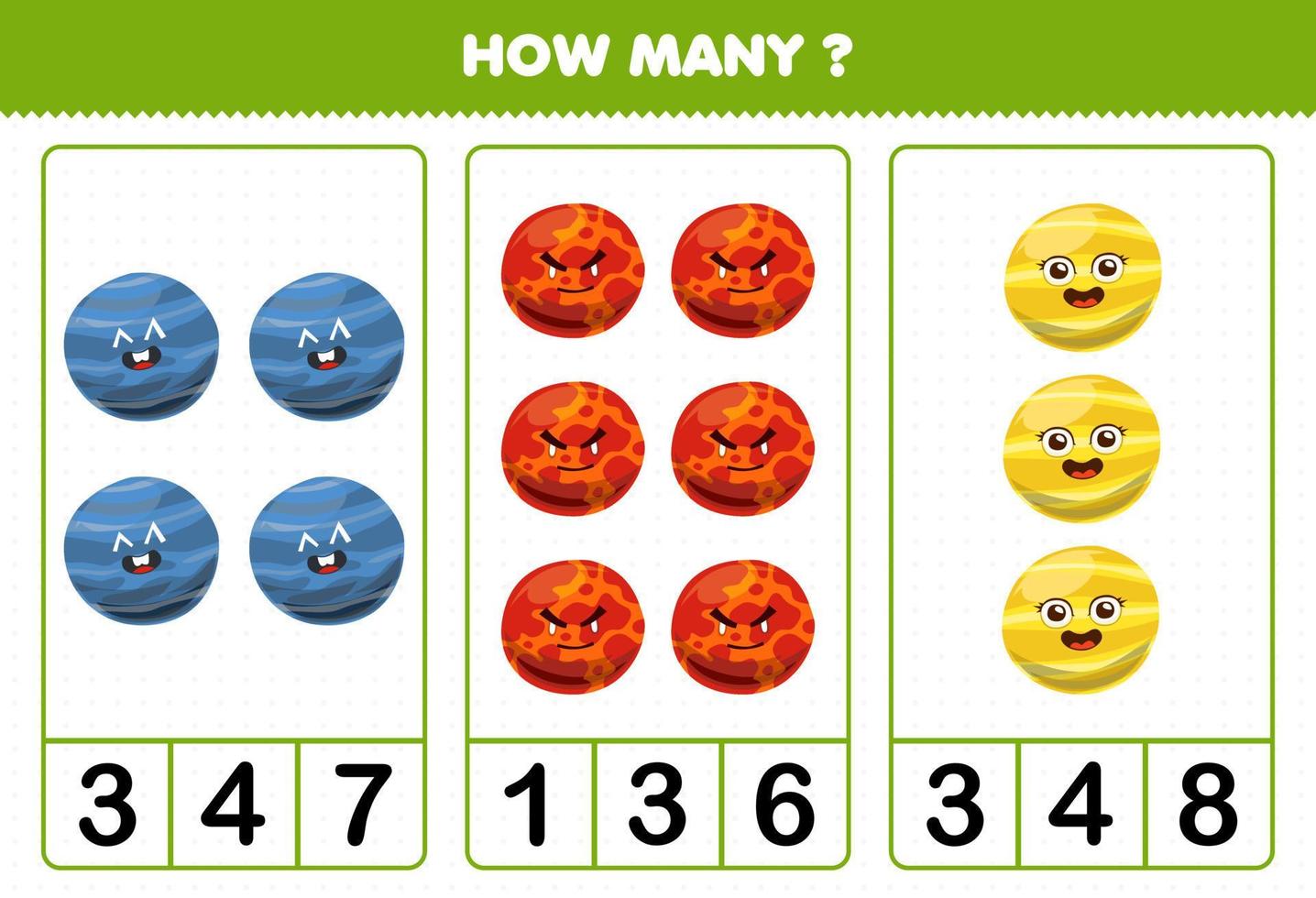 Education game for children counting how many cute cartoon solar system planet vector