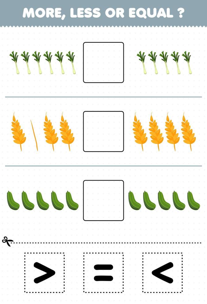 juego educativo para niños más menos o igual contar la cantidad de verduras de dibujos animados puerro trigo pepino luego cortar y pegar cortar el signo correcto vector