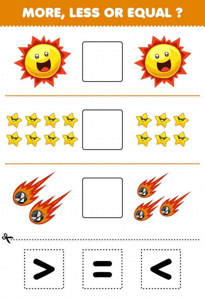 Education game for children more less or equal count the amount of cute cartoon solar system sun star comet then cut and glue cut the correct sign vector