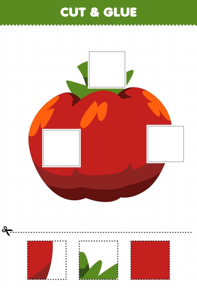 juego educativo para niños corta y pega corta partes de dibujos animados tomate vegetal y pégalos hoja de trabajo imprimible vector