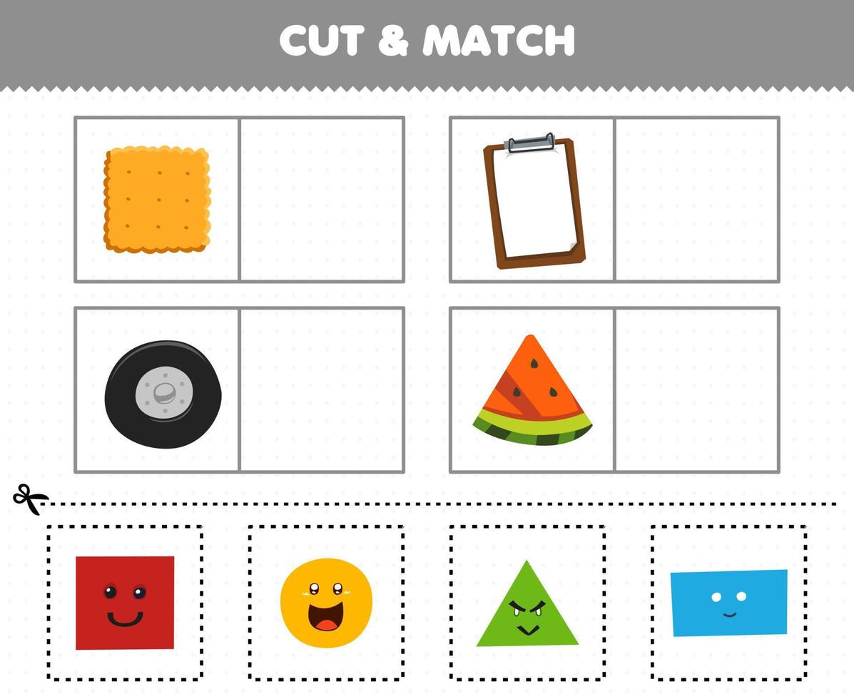 Education game for children cut and match the same picture of cute cartoon shape square biscuit rectangle paper board circle tire triangle watermelon vector
