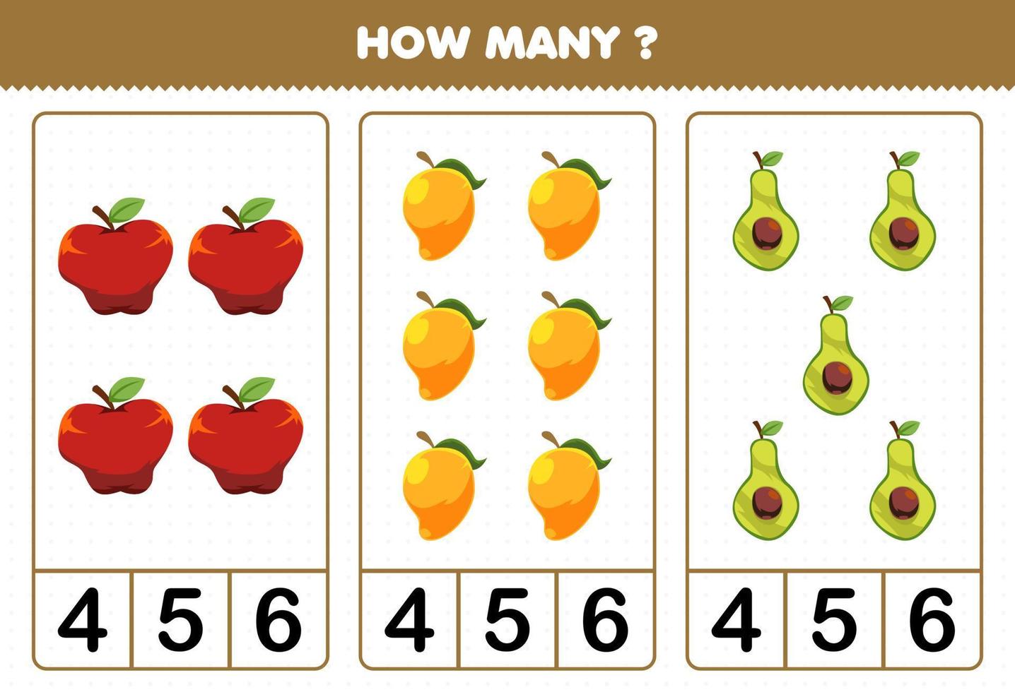Education game for children counting how many cartoon fruits apple mango avocado vector