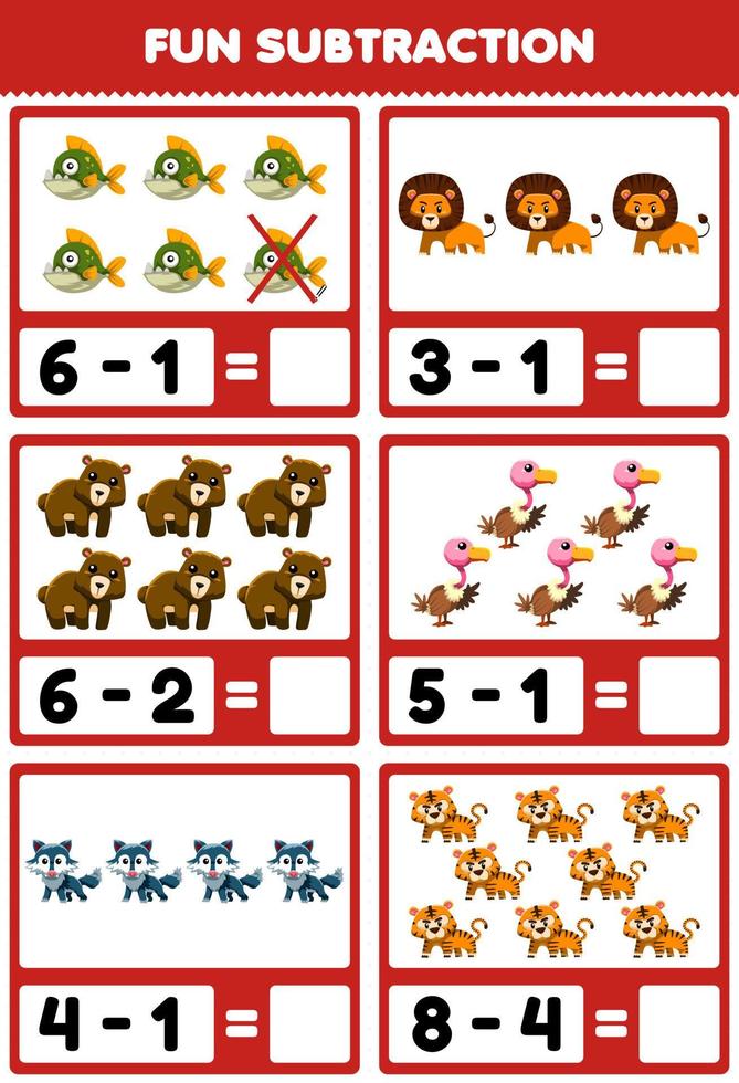 Education game for children fun subtraction by counting and eliminating cute cartoon carnivore animal pictures vector