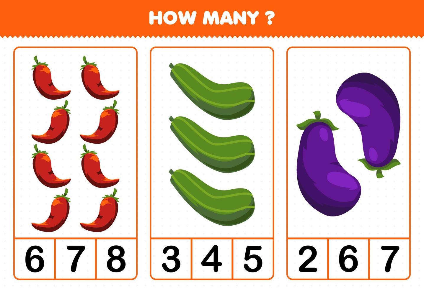 Education game for children counting how many cartoon vegetables chilli cucumber eggplant vector