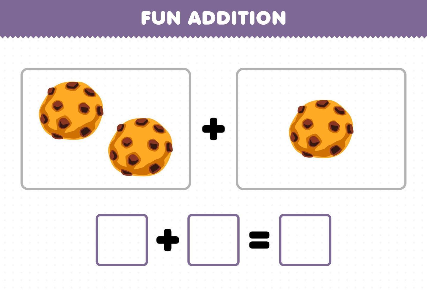Education game for children fun addition by counting cartoon food cookie pictures worksheet vector