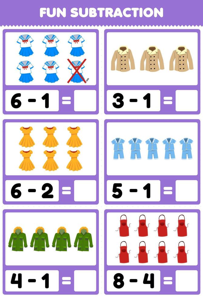 Education game for children fun subtraction by counting and eliminating cartoon wearable clothes uniform coat dress pajama jacket apron printable worksheet vector