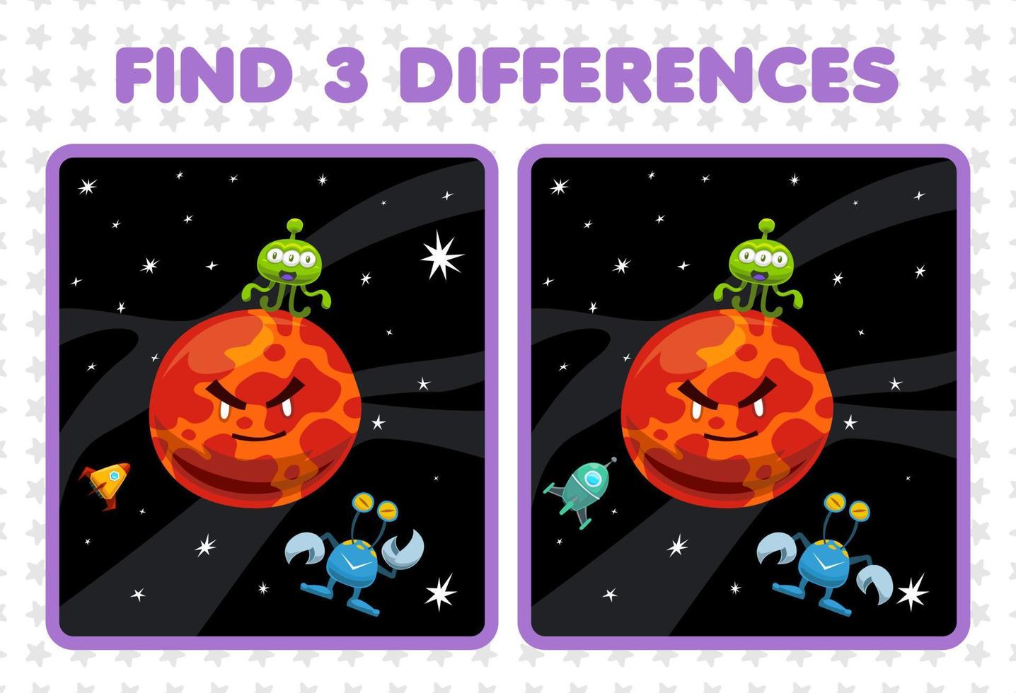 Education game for children find three differences between two cute cartoon solar system mars planet rocket alien vector