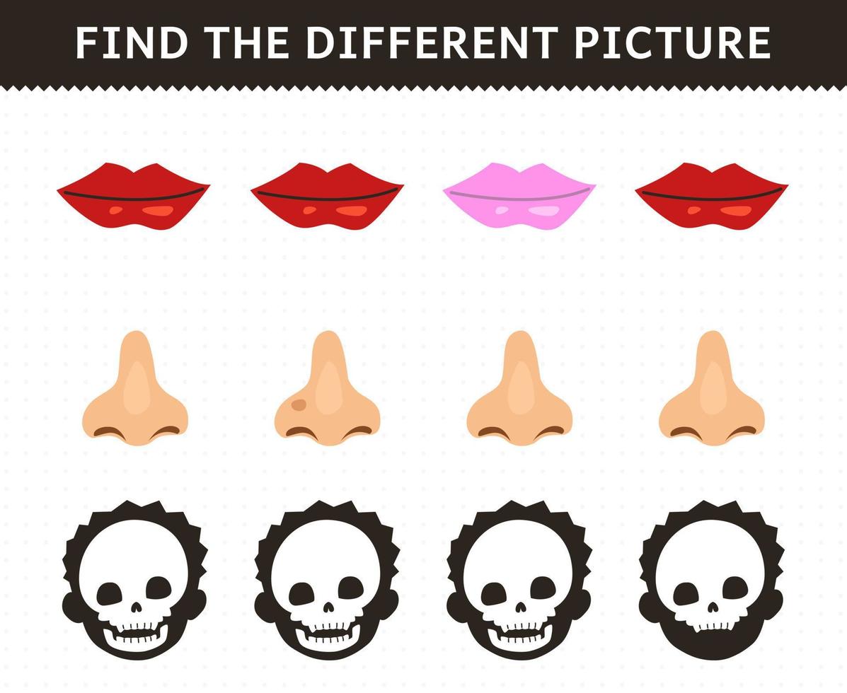 Education game for children find the different picture in each row cute cartoon human anatomy and organ lip nose skull vector