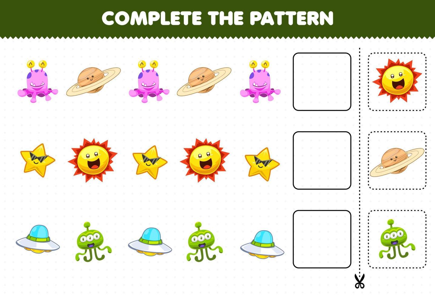 juego educativo para niños completar el patrón pensamiento lógico encontrar la regularidad y continuar la tarea de la fila con dibujos animados lindo sistema solar alienígena saturno estrella sol ovni alienígena vector