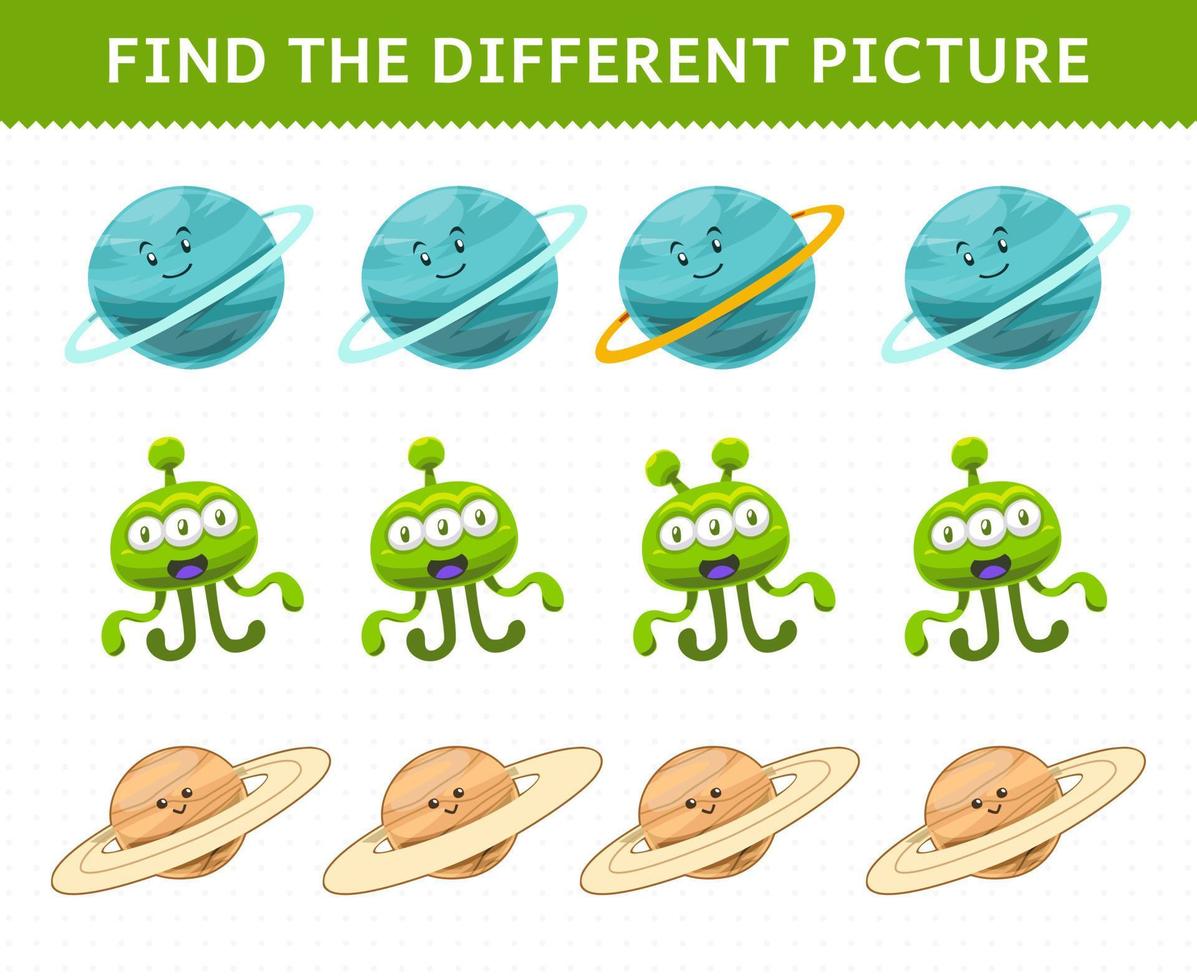 Education game for children find the different picture in each row cute cartoon solar system uranus planet alien saturn vector