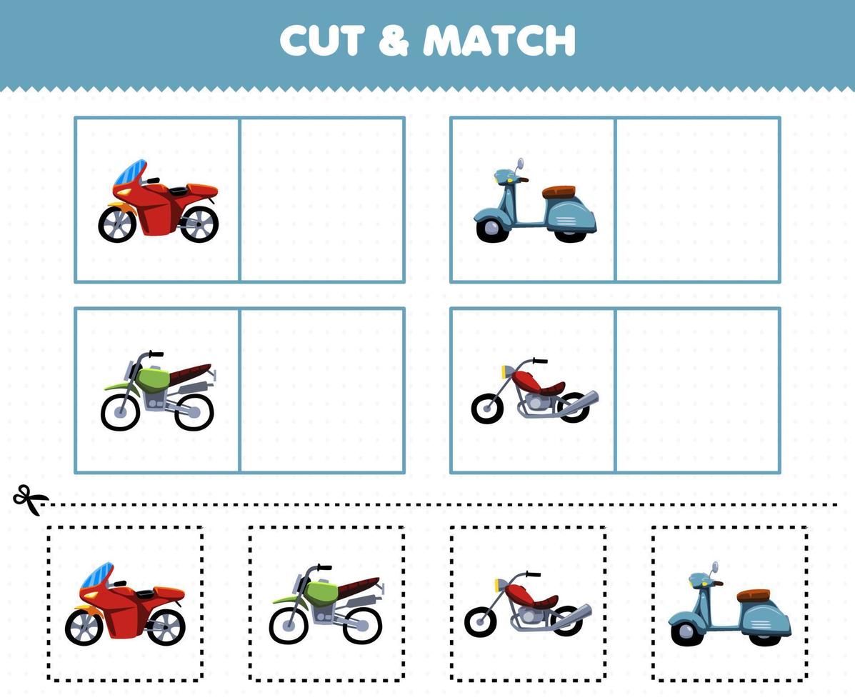 Education game for children cut and match the same picture of cute cartoon motor transportation motocross motorbike scooter motorcycle printable worksheet vector