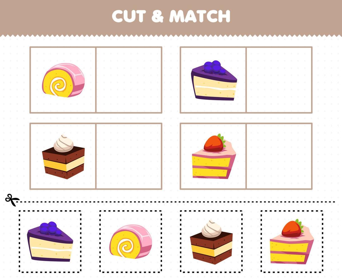 Education game for children cut and match the same picture of cartoon food cake printable worksheet vector