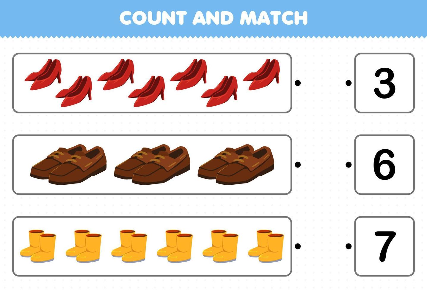 Education game for children count and match count the number of cartoon wearable footwear heels shoes boots and match with the right numbers printable worksheet vector