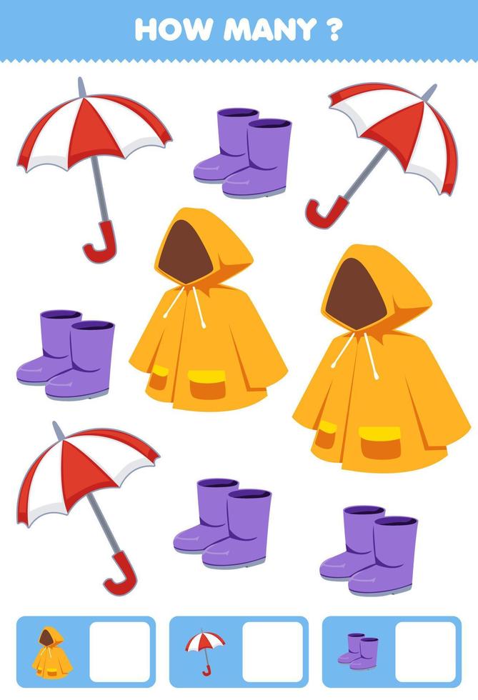 juego educativo para niños buscando y contando cuántos objetos dibujos animados ropa ponible impermeable paraguas bota vector