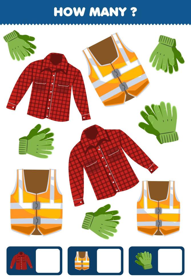 juego educativo para niños buscando y contando cuántos objetos dibujos animados ropa ponible franela chaleco de emergencia guantes vector