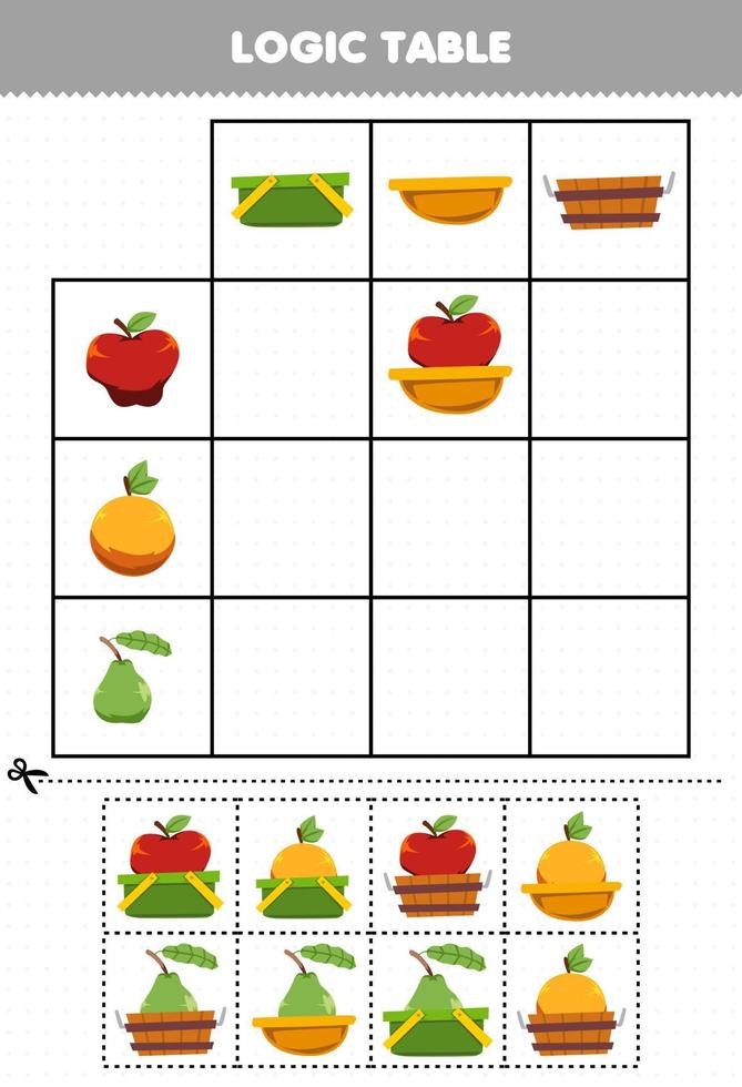 Education game for children logic table cartoon fruit apple orange guava match with correct basket printable worksheet vector