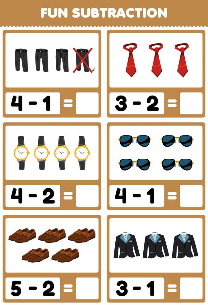 Education game for children fun subtraction by counting and eliminating cartoon wearable clothes trouser tie watch sunglasses shoes tuxedo suit printable worksheet vector