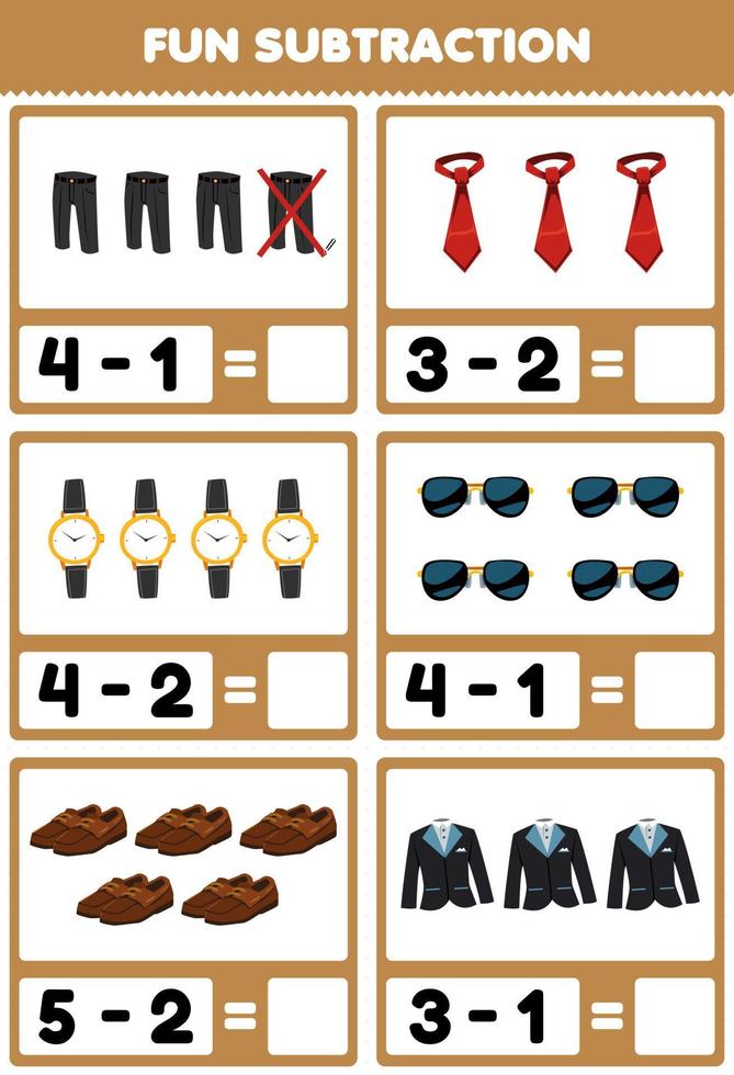 juego educativo para niños resta divertida contando y eliminando dibujos animados ropa ponible pantalón corbata reloj gafas de sol zapatos traje de esmoquin hoja de trabajo imprimible vector