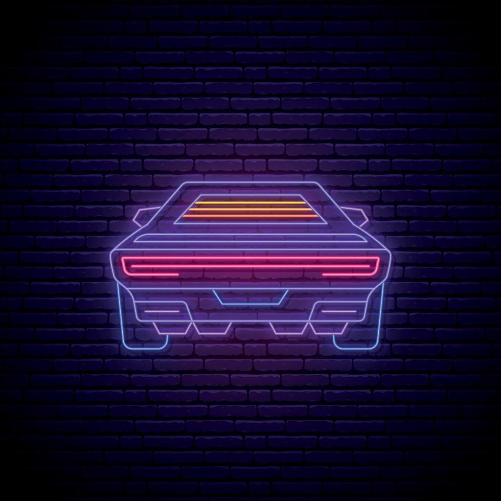 Neon futuristic car. Glowing neon car icon back view. vector