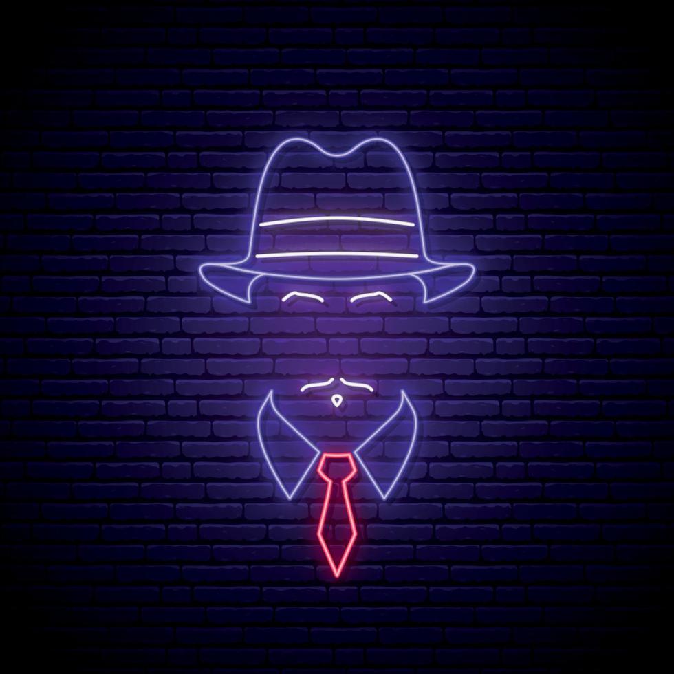 letrero de neón mafioso. icono de hombre con sombrero. letrero de neón. vector