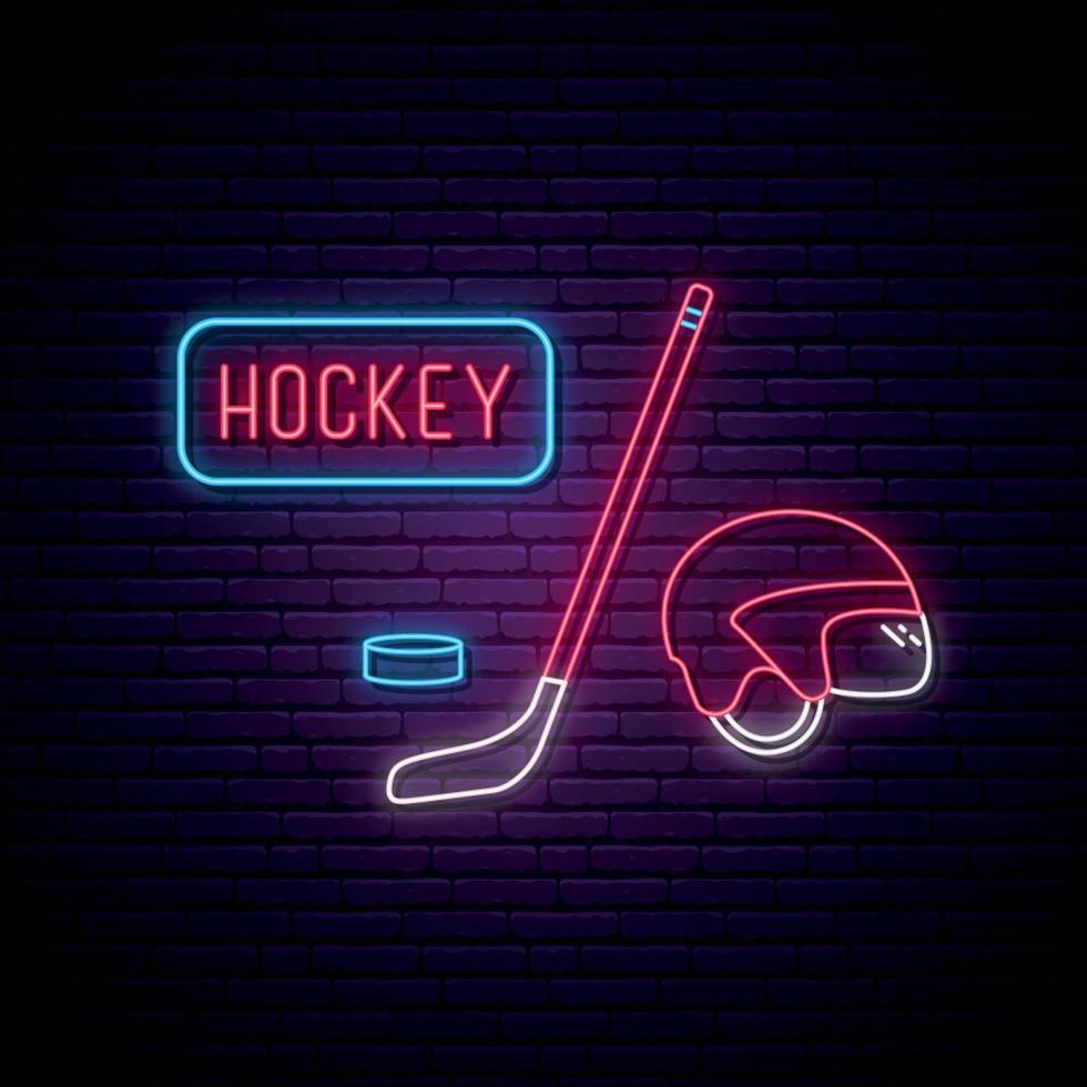 Hockey neon signboard. Glowing neon hokey attributes. vector