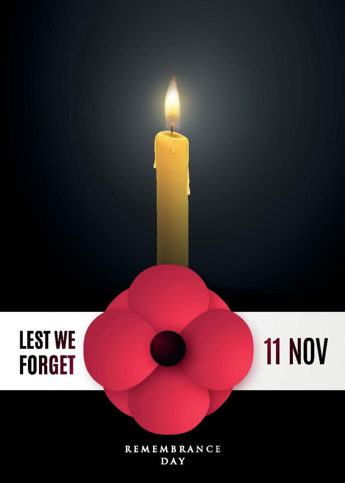 Remembrance day concept poster with a poppy flower and light candle. vector