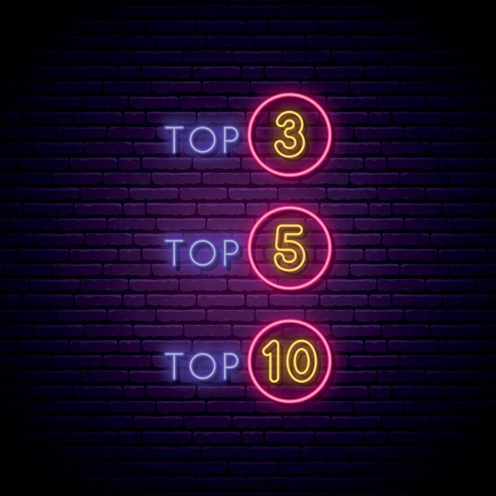 Neon rating signboard. Glowing symbols of Top 3, Top 5 and Top 10 things. vector