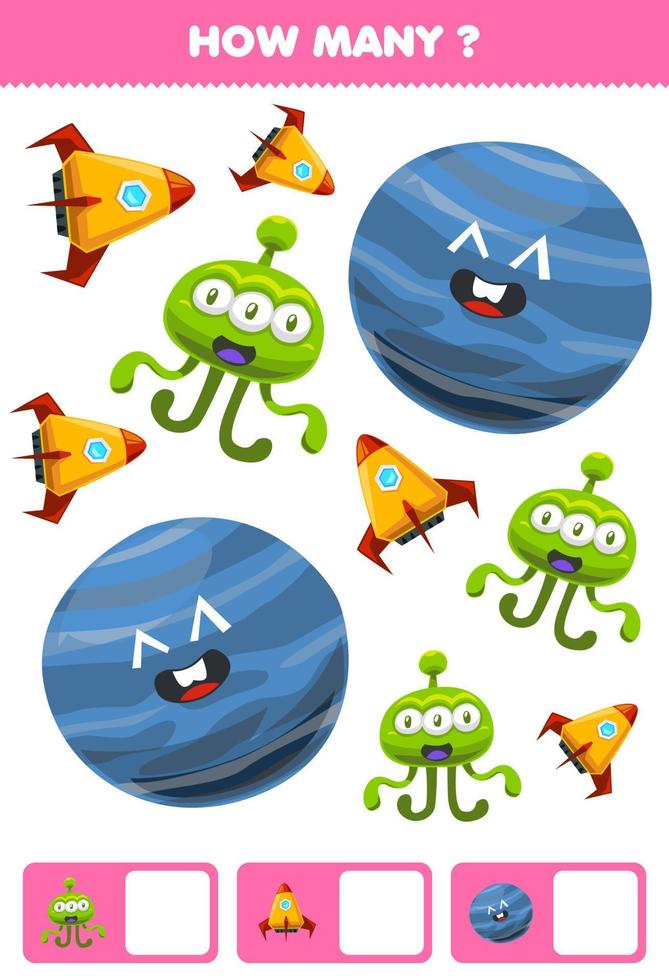 Education game for children searching and counting how many objects cute cartoon solar system planet alien rocket vector