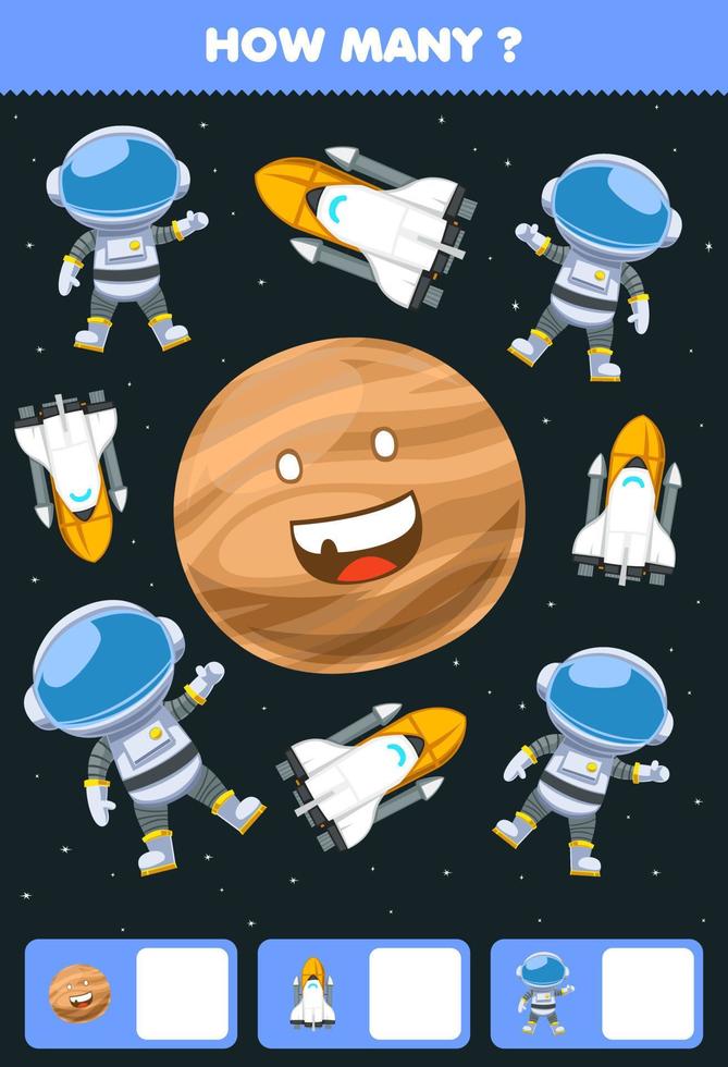 juego educativo para niños buscando y contando cuántos objetos dibujos animados lindo sistema solar planeta astronauta nave espacial vector