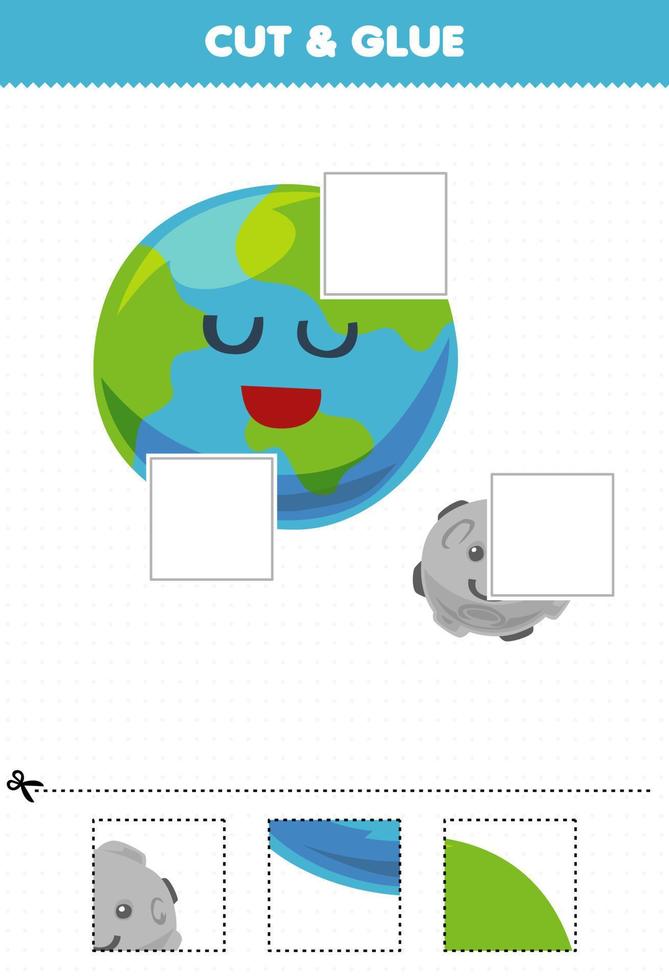 Education game for children cut and glue cut parts of cute cartoon solar system earth planet and glue them printable worksheet vector