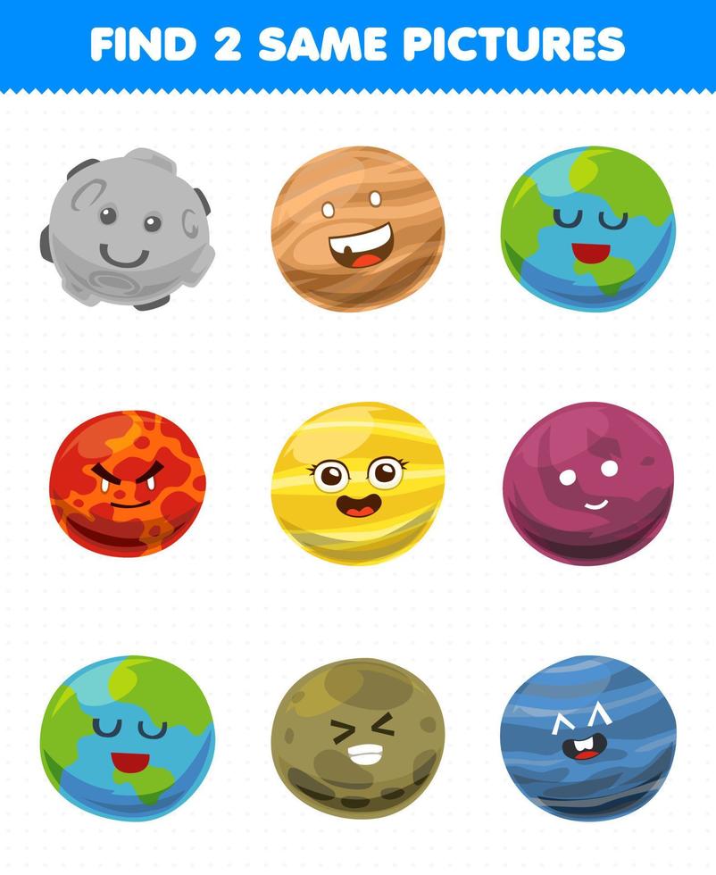 juego educativo para niños encuentra dos imágenes iguales planeta del sistema solar de dibujos animados lindo vector