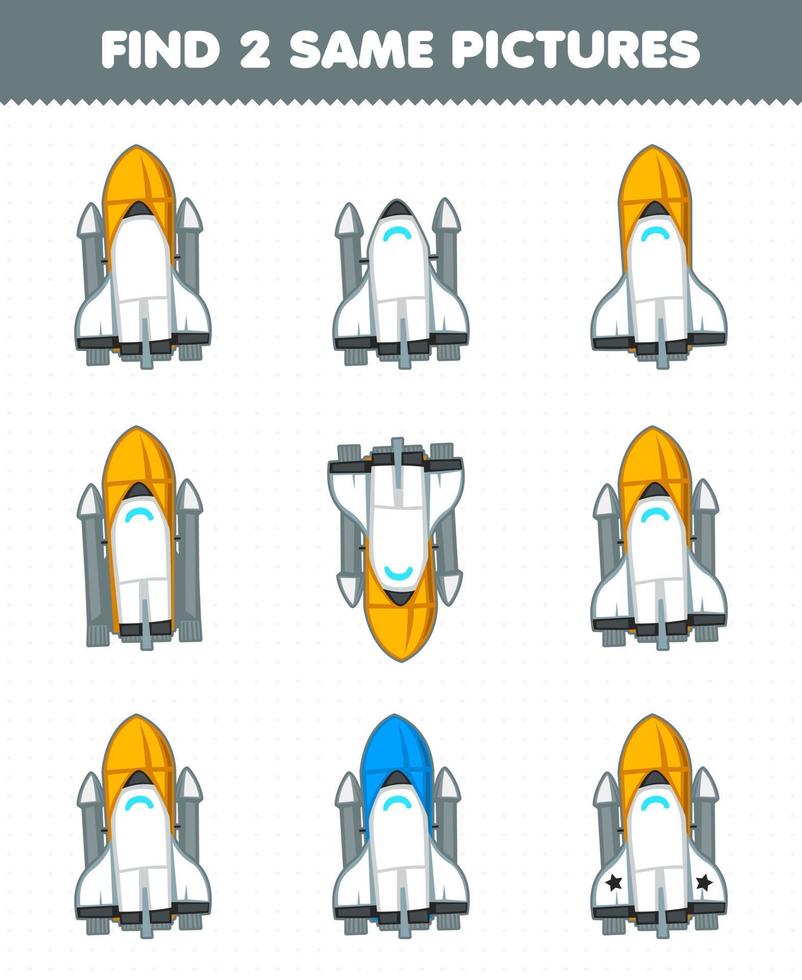 Education game for children find two same pictures cute cartoon solar system spaceship vector