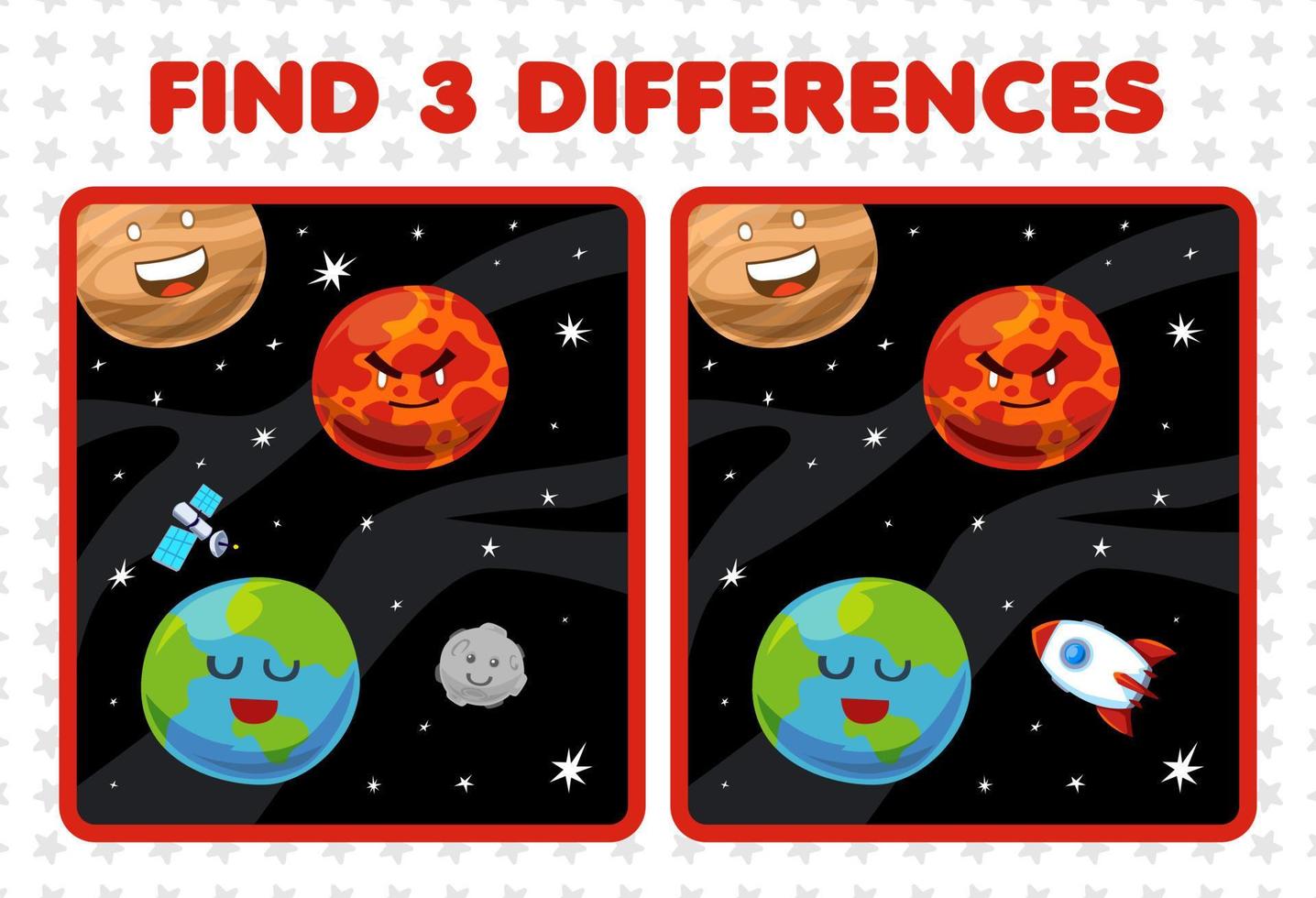 Education game for children find three differences between two cute cartoon solar system earth mars jupiter planet moon rocket satellite vector