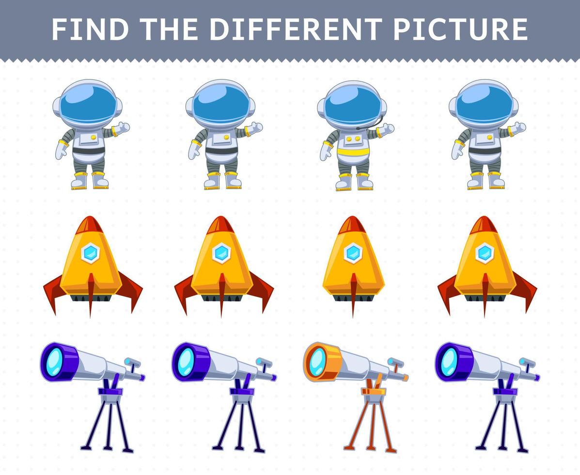 Education game for children find the different picture in each row cute cartoon solar system astronaut rocket telescope vector