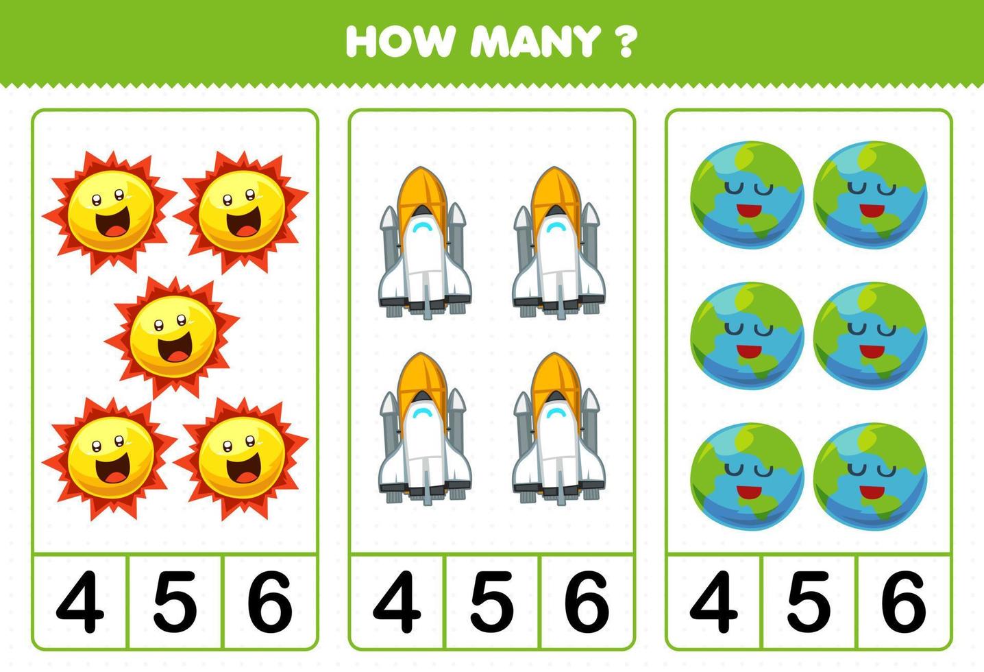 Education game for children counting how many cute cartoon solar system sun spaceship earth planet vector