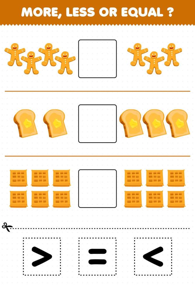 Education game for children more less or equal count the amount of cartoon food gingerbread toast waffle then cut and glue cut the correct sign vector