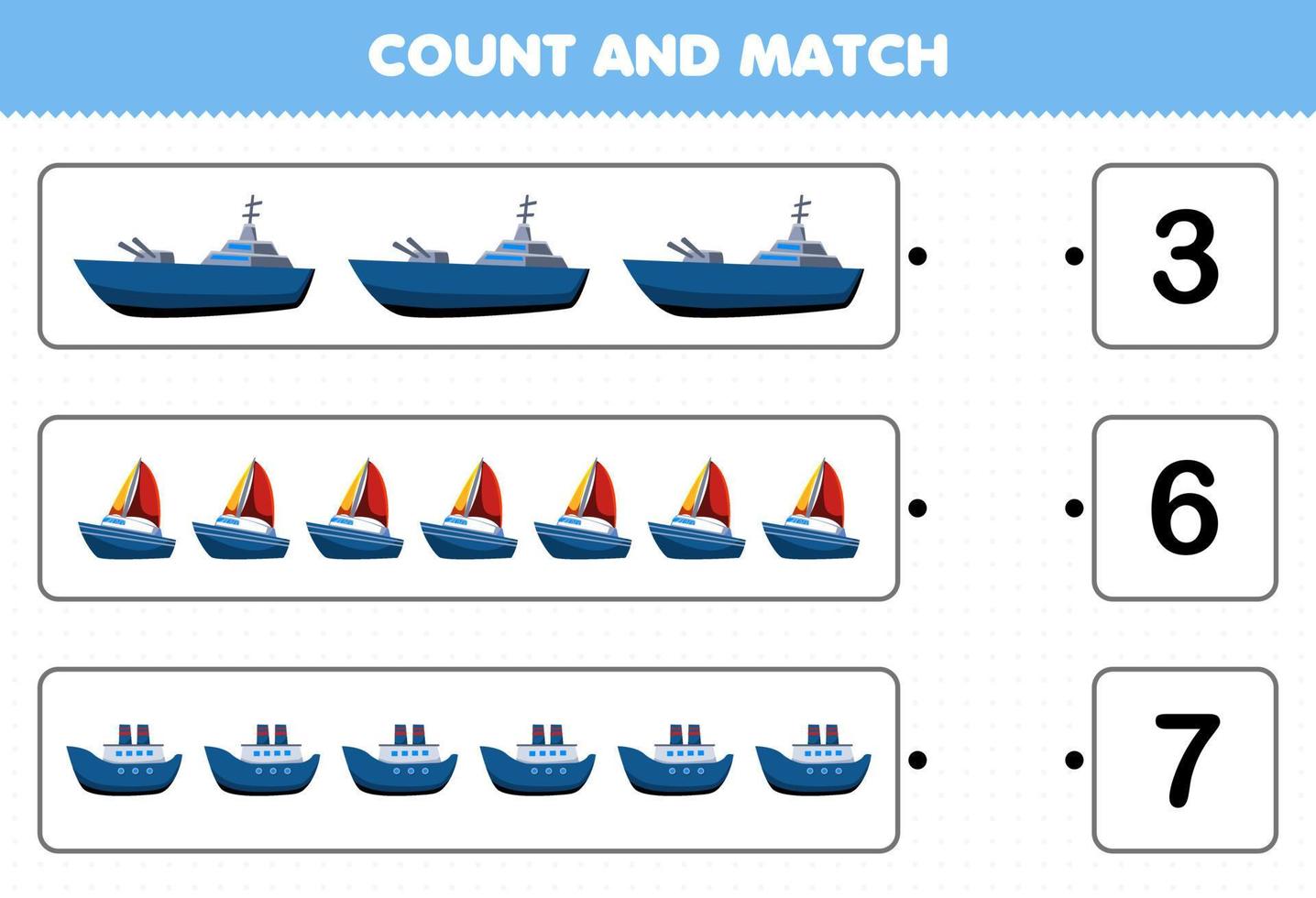 Education game for children count and match count the number of cartoon water transportation battleship sailboat ferry ship and match with the right numbers printable worksheet vector