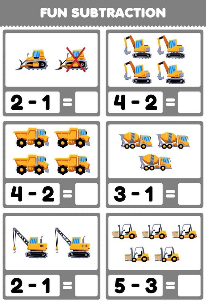 juego educativo para niños diversión resta contando y eliminando imágenes de transporte de máquinas pesadas de dibujos animados vector