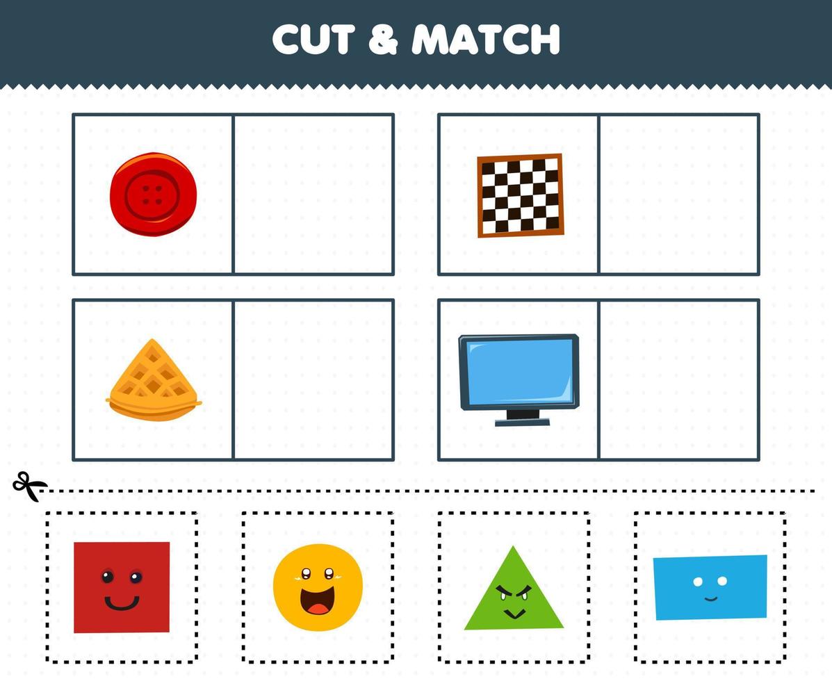 juego educativo para niños corta y combina la misma imagen de una linda caricatura en forma de círculo botón cuadrado tablero de ajedrez triángulo gofre rectángulo monitor vector