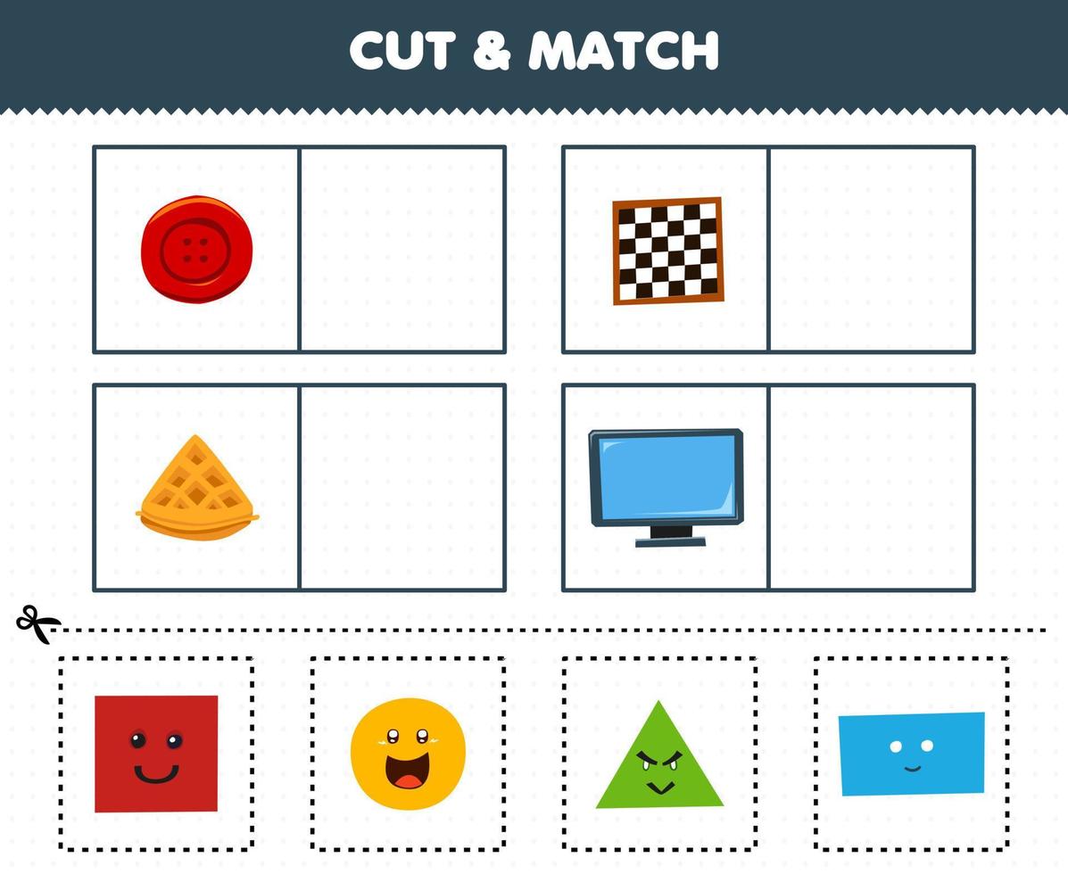 Education game for children cut and match the same picture of cute cartoon shape circle button square chessboard triangle waffle rectangle monitor vector
