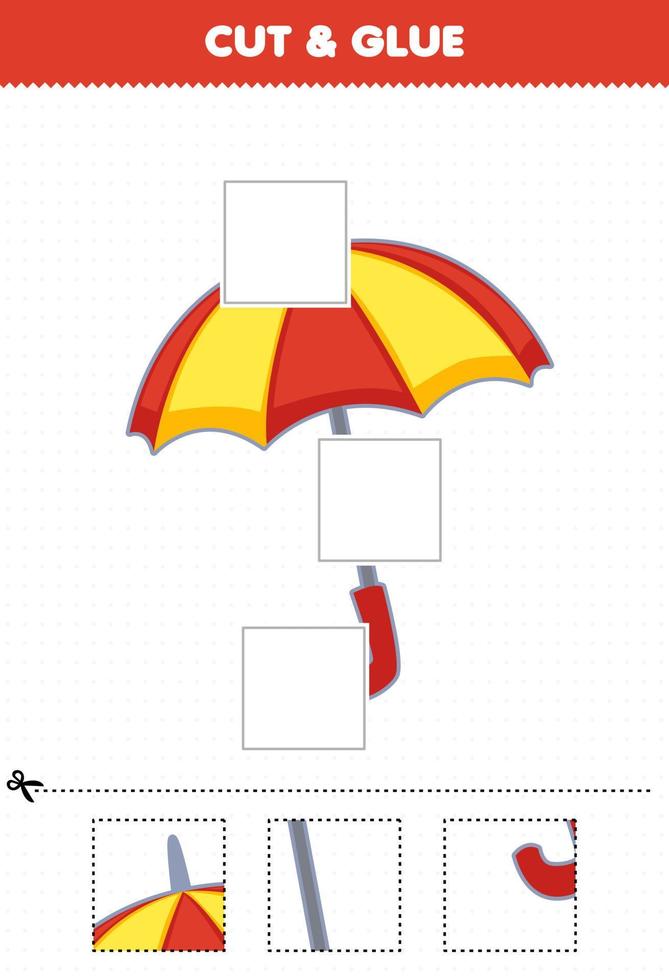 Education game for children cut and glue cut parts of cartoon wearable clothes umbrella and glue them printable worksheet vector