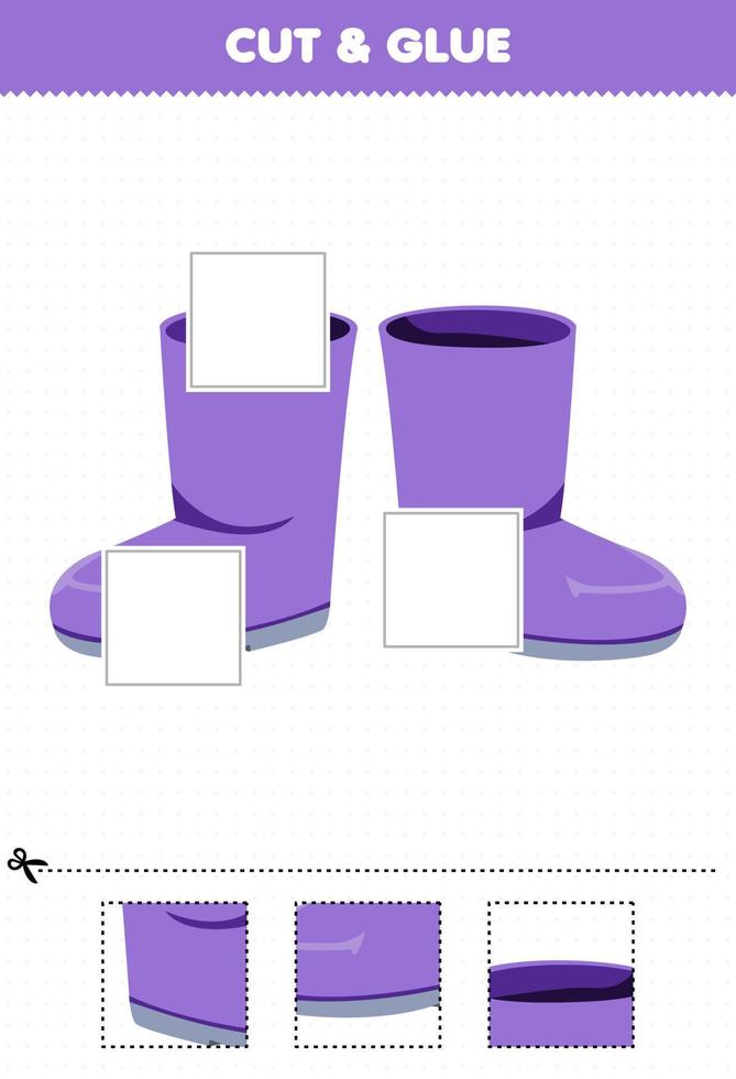 Education game for children cut and glue cut parts of cartoon wearable clothes boot and glue them printable worksheet vector