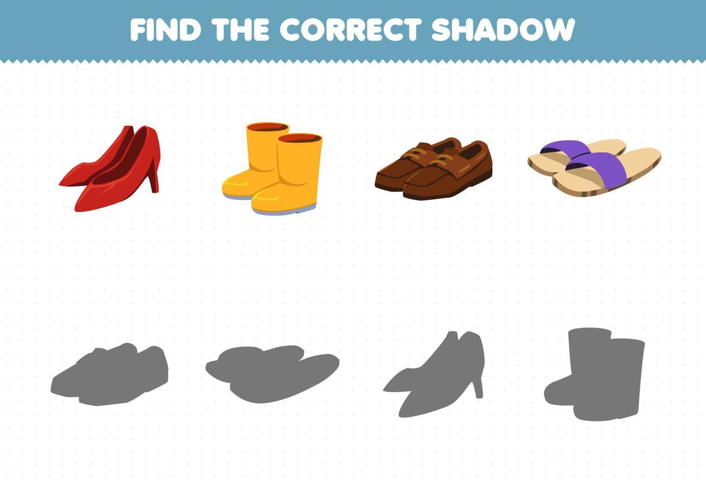 Education game for children find the correct shadow set of cartoon wearable clothes footwear heel boot shoes slipper vector