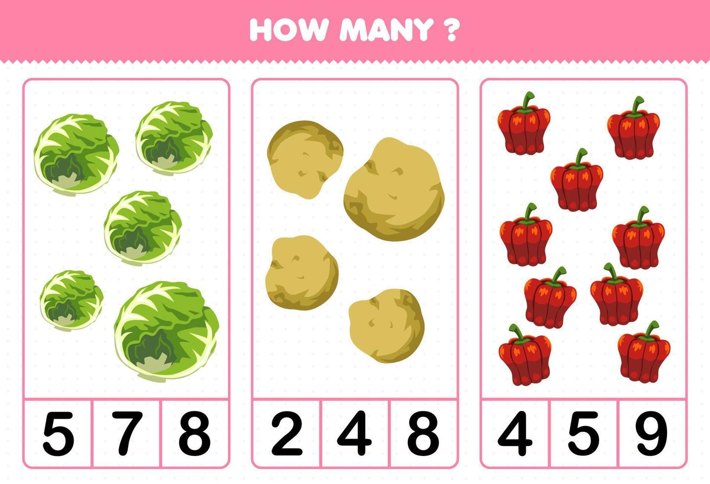 Education game for children counting how many cartoon vegetables cabbage potato paprika vector