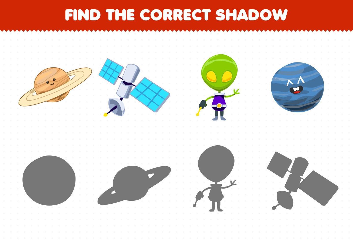 Education game for children find the correct shadow set of cute cartoon solar system saturn planet satellite alien neptune vector