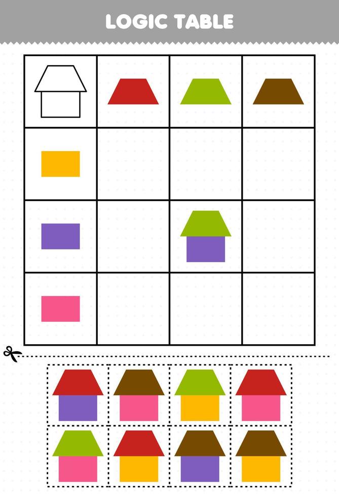 juego educativo para niños tabla lógica forma geométrica trapezoide y rectángulo hoja de trabajo imprimible vector