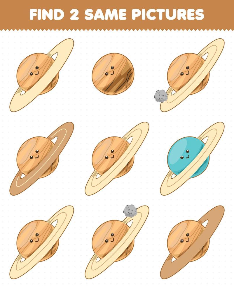 Education game for children find two same pictures cute cartoon solar system saturn planet vector