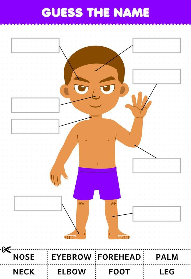 Education game for children guess the name of cute cartoon boy body part anatomy worksheet vector