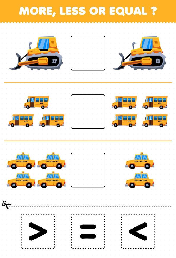 juego educativo para niños más menos o igual cuente la cantidad de dibujos animados amarillo transporte bulldozer autobús taxi luego corte y pegue corte el signo correcto vector