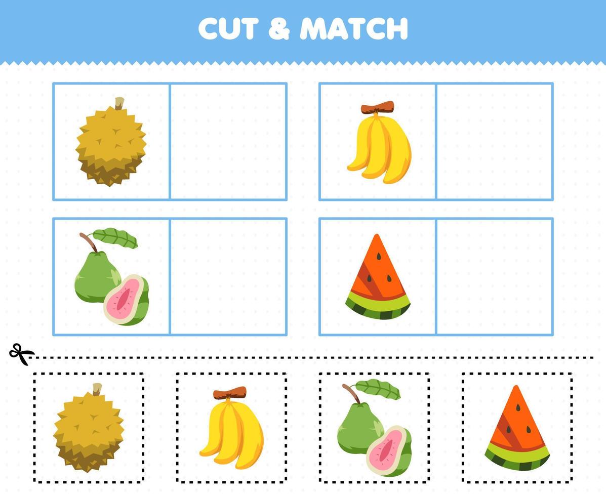 Education game for children cut and match the same picture of cartoon fruit durian banana guava watermelon printable worksheet vector